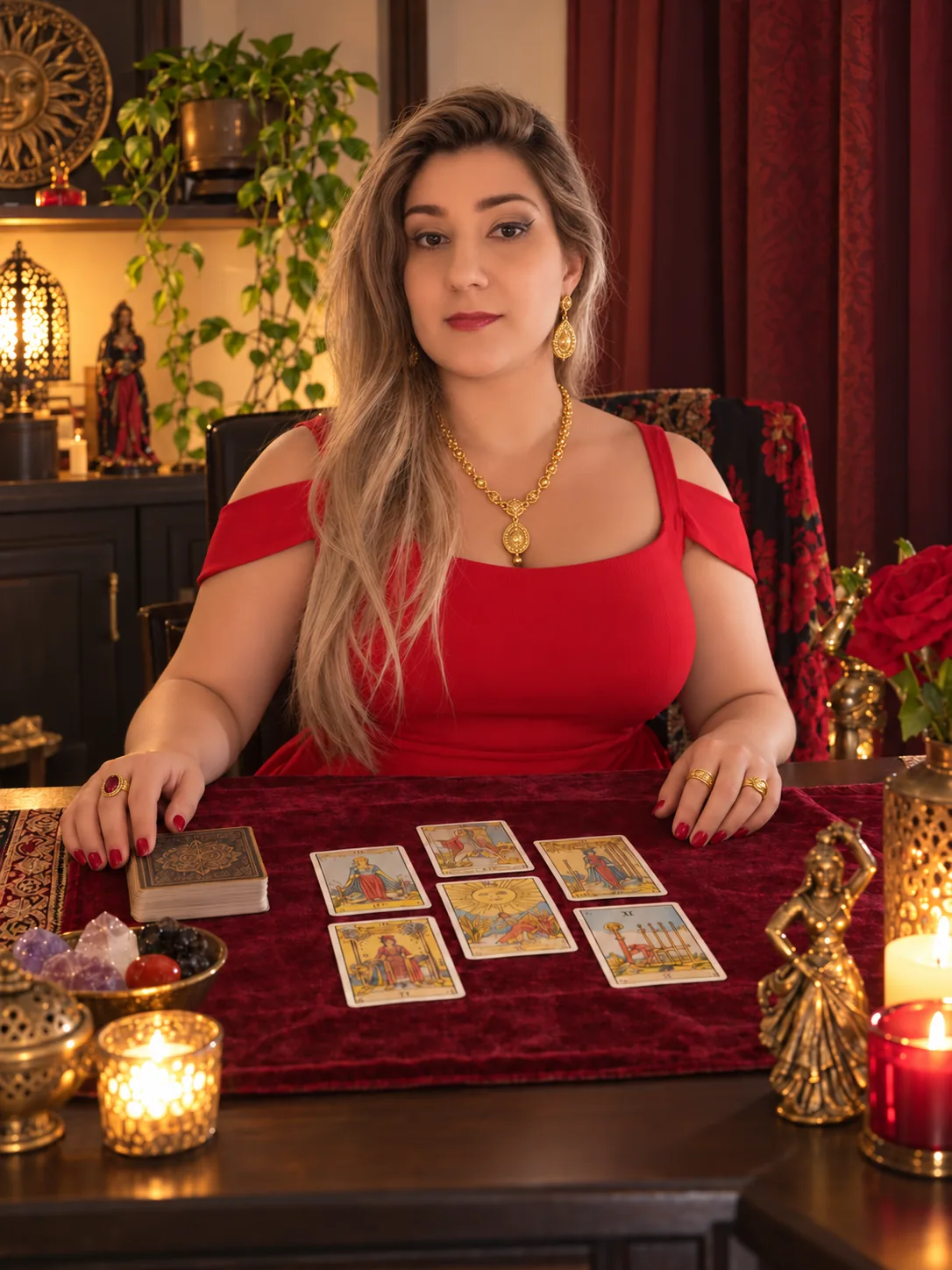 Fernanda Couto diante de sua mesa de tarot